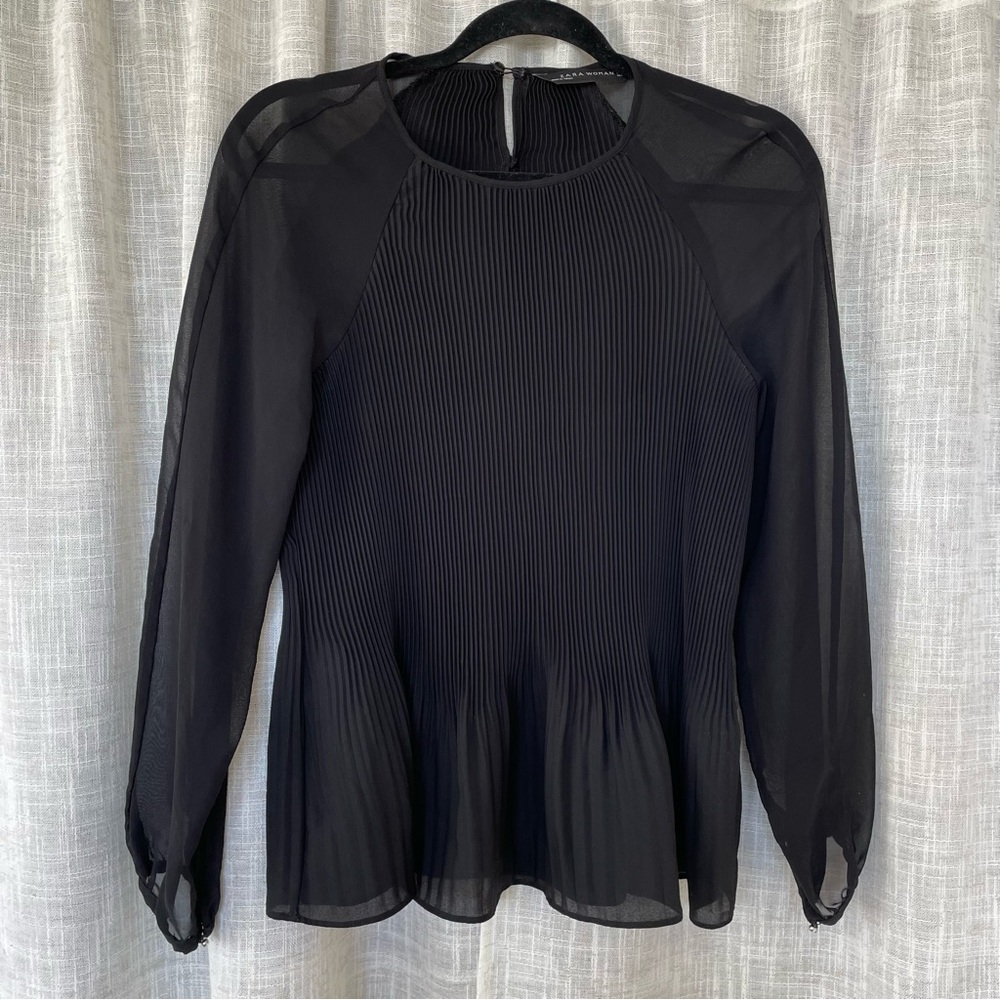 Zara Plissé Accordion Chiffon Mesh Long Sleeve Blouse Black